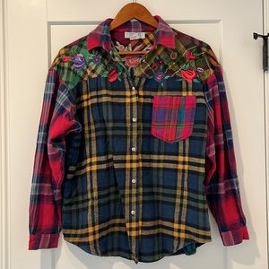 Vintage Multicolor Mixed Plaid and Embroidered Floral Button Down